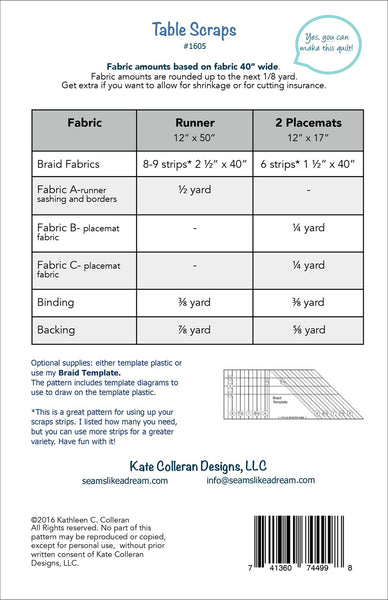 Back cover of table runner pattern Table Scraps