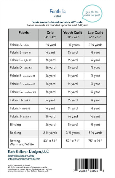 Back cover of Foothills quilt pattern