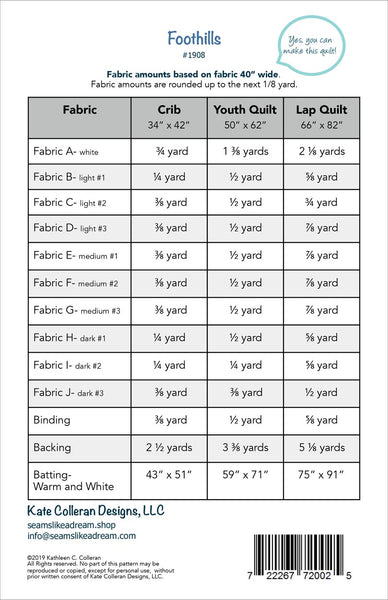 Back cover of Foothills quilt pattern