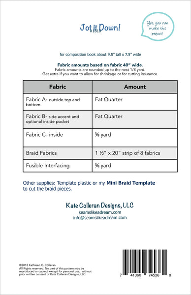 Back cover of the Jot it Down! pattern