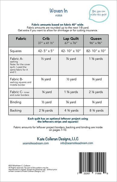 Back cover of quilt pattern Woven In