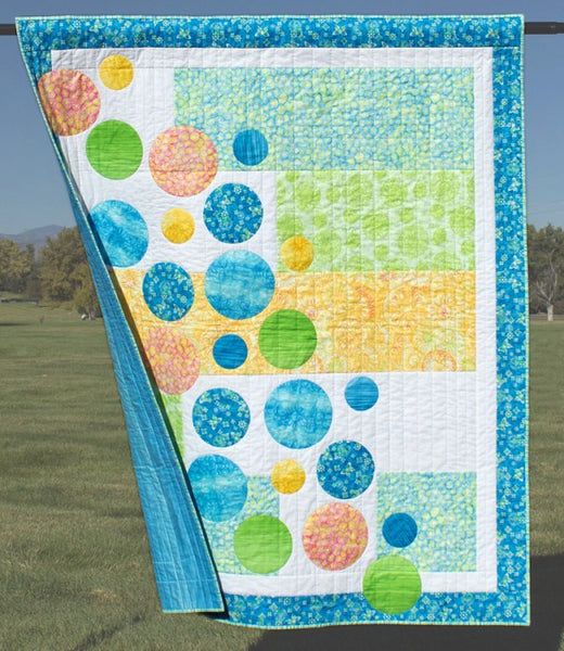 Bubbles- an easy to piece quilt with machine appliquéd circles in blues and greens