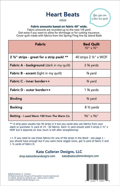 Fabric requirement chart for a quilt titled 'Heart Beats' by Kate Colleran Designs.