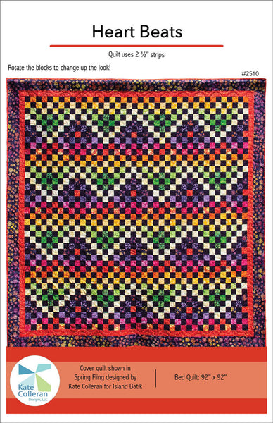 Quilt pattern cover titled 'Heart Beats' with colorful quilt design on a red background.