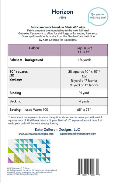 Fabric requirements chart for a lap quilt titled 'Horizon' by Kate Colleran Designs.