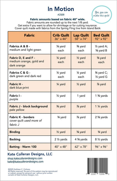 Fabric requirements chart for quilting projects with color swatches and measurements.