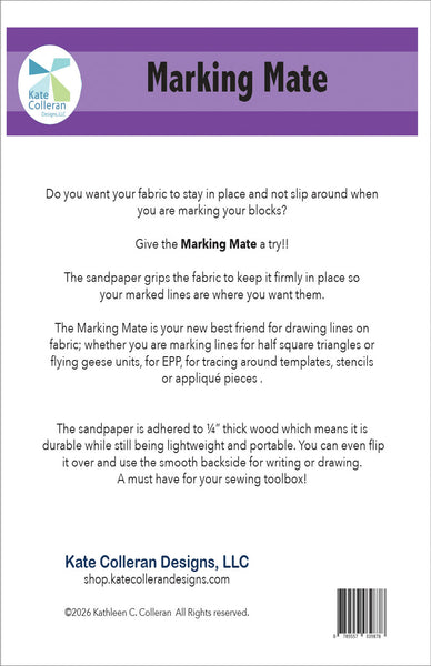 A product information card for Kate Colleran's Marking Mate. The card features a white background with a purple header, black text describing the product's function as a sandpaper-like fabric gripper for drawing and sewing, and a circular Kate Colleran Designs logo in the top left corner.