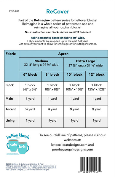 Fabric requirement chart for apron patterns with block sizes and fabric amounts.