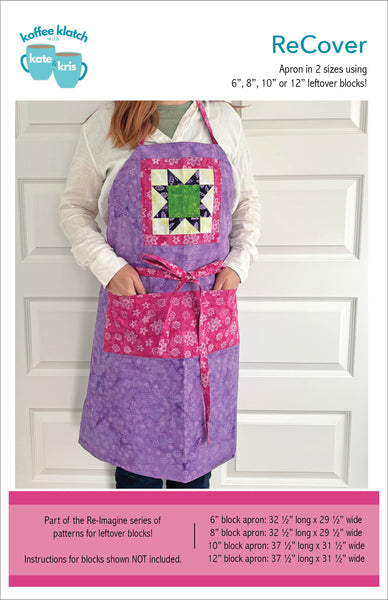 Person wearing a colorful apron with a white door in the background, featuring text about 'ReCover' aprons.