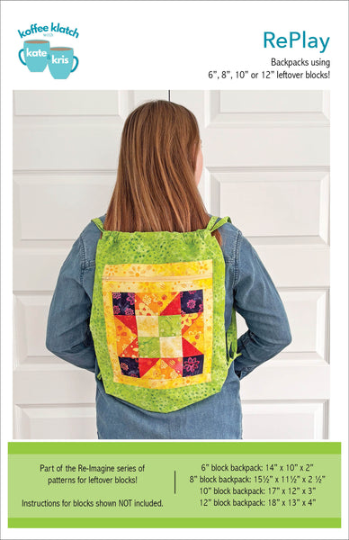 Backpack with colorful quilted design worn by a person, with text about RePlay backpacks and Koffee Klatch brand