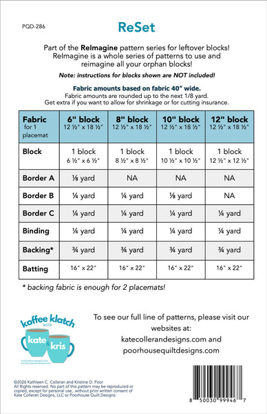 Fabric requirements chart for quilt blocks with Kate Colleran Designs branding