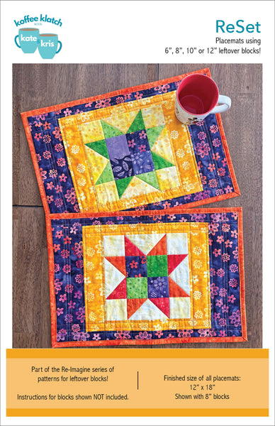 Colorful quilted placemats with star patterns on a wooden surface.