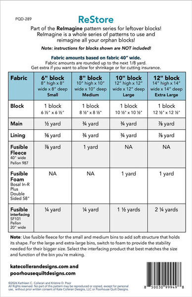 Fabric requirements chart for ReStore pattern series by Kate Colleran Designs