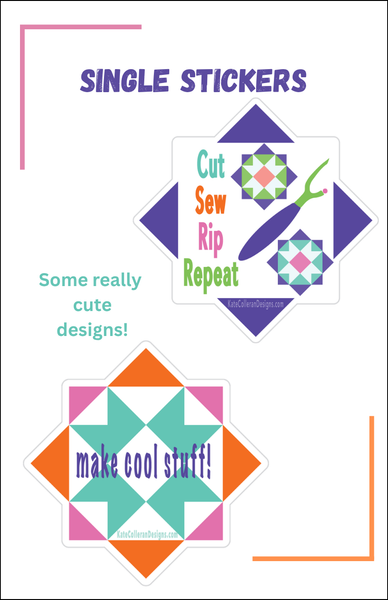 Two single die-cut stickers shown on a white background with decorative text and corner brackets. The top sticker reads 'Cut Sew Rip Repeat' with a purple diamond shape, teal and pink quilt blocks, and a green scissors graphic.