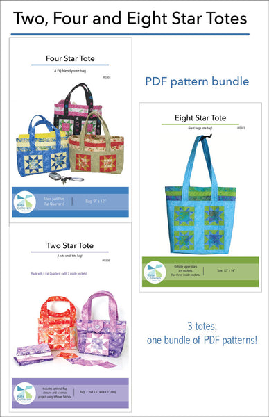 A promotional graphic for a PDF pattern bundle showing three quilted tote bags: a Two Star Tote, a Four Star Tote, and an Eight Star Tote. The layout includes product photos of the finished bags, text labels, and color-coded sections for the different sizes and bundle contents.