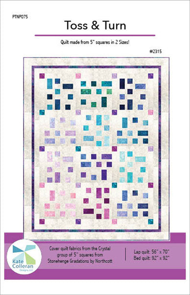 Pattern cover for 'Toss & Turn' quilts by Kate Colleran Designs, showing a sample quilt made from 5" squares in a gradient of blue, purple, and pink on a white background.