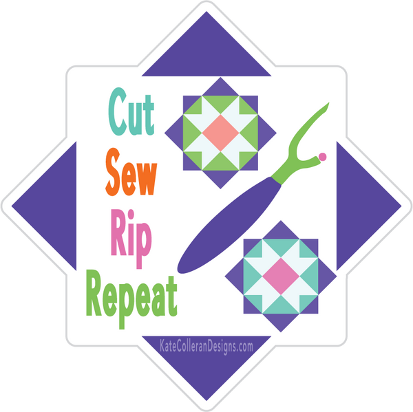 A die-cut sticker or decal with a white center and purple star-like border. The text reads 'Cut Sew Rip Repeat' in colorful letters, with a purple sewing machine illustration and two quilt block designs.