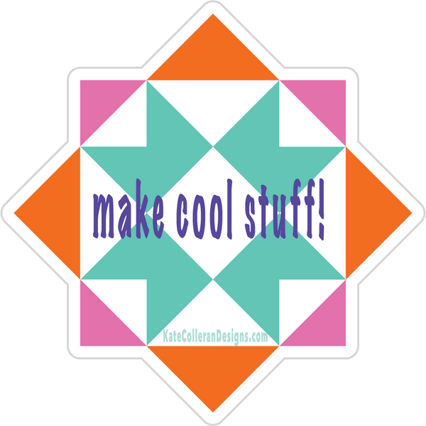 A die-cut sticker featuring a geometric starburst design with orange, pink, and teal shapes on a white background, with the text 'make cool stuff!' in purple and a small website URL at the bottom.