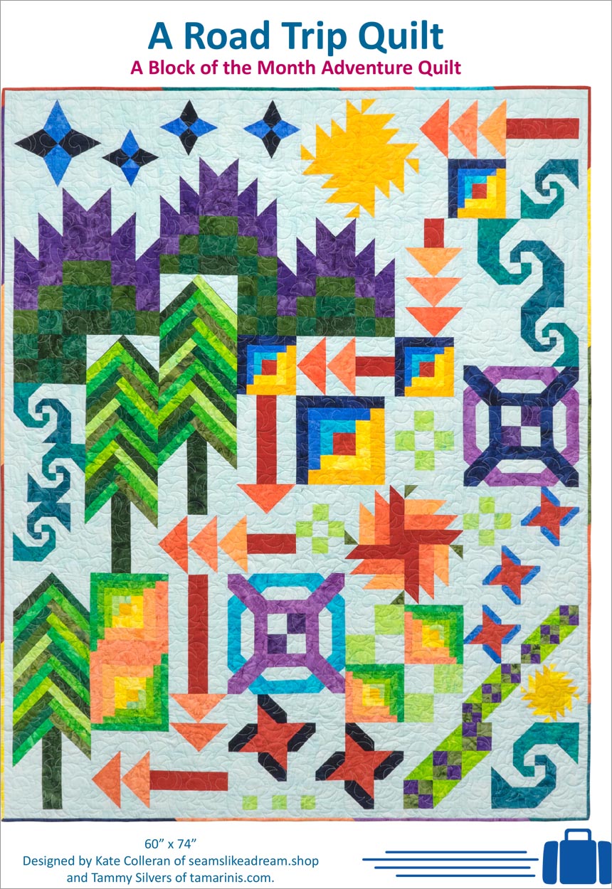 A unique 12 month Block of the Month quilt shown in Island Batik Foundations. Quilt depicts a road trip across the United States. A fat quarter friendly quilt.