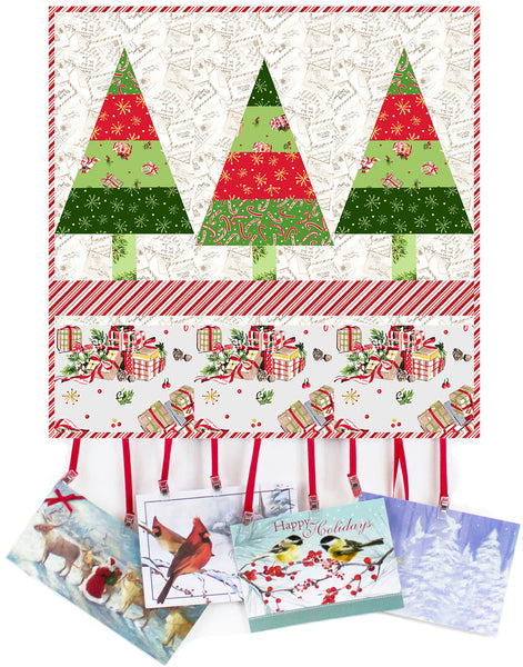 Tannenbaum Trio- Christmas card wall hanging in all the Trimmings fabric by Maywood
